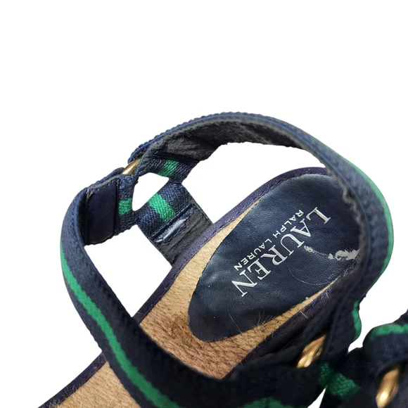 Lauren Ralph Lauren Ilene Espadrille Wedge Sandal Size 9 Navy Green Stripe 3" - Picture 9 of 10